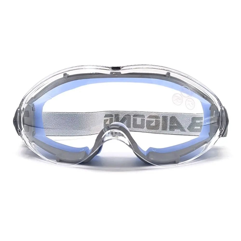 Industrial safety goggles with clear anti-fog lenses, designed to fit over glasses for men and women, providing eye protection.