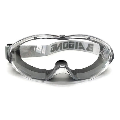 Blue industrial safety goggles with anti-fog clear lenses, designed for eye protection and fitting over glasses for men and women.