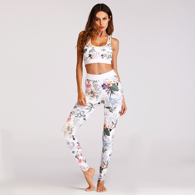 Women's floral print yoga set with matching bra and leggings, stylish activewear by BACKUPMYFILESNOW.COM®.
