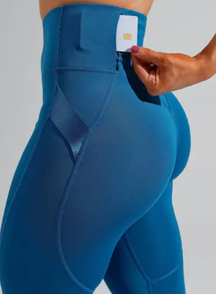 Blue women's high waist quick-drying yoga pants from BackupMyFilesNow.com, designed for running and active wear.