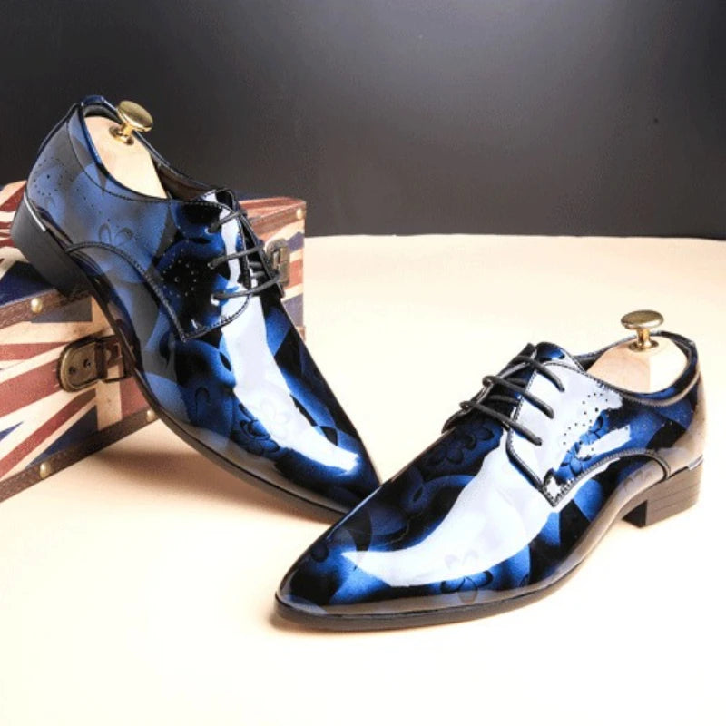 Blue men's patent leather dress shoes with pointed toe, lace-up design, suitable for office, business, or wedding occasions.