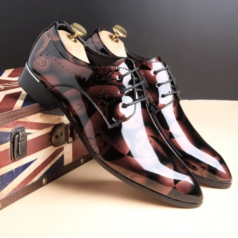 Blue men's patent leather dress shoes with lace-up design, pointed toe, suitable for office, business, and wedding occasions.