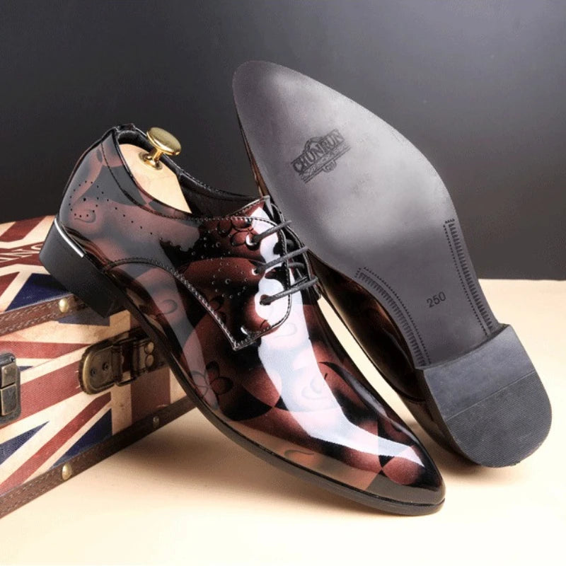 Blue men's patent leather dress shoes with pointed toes, lace-up design, suitable for office, business, or wedding occasions.