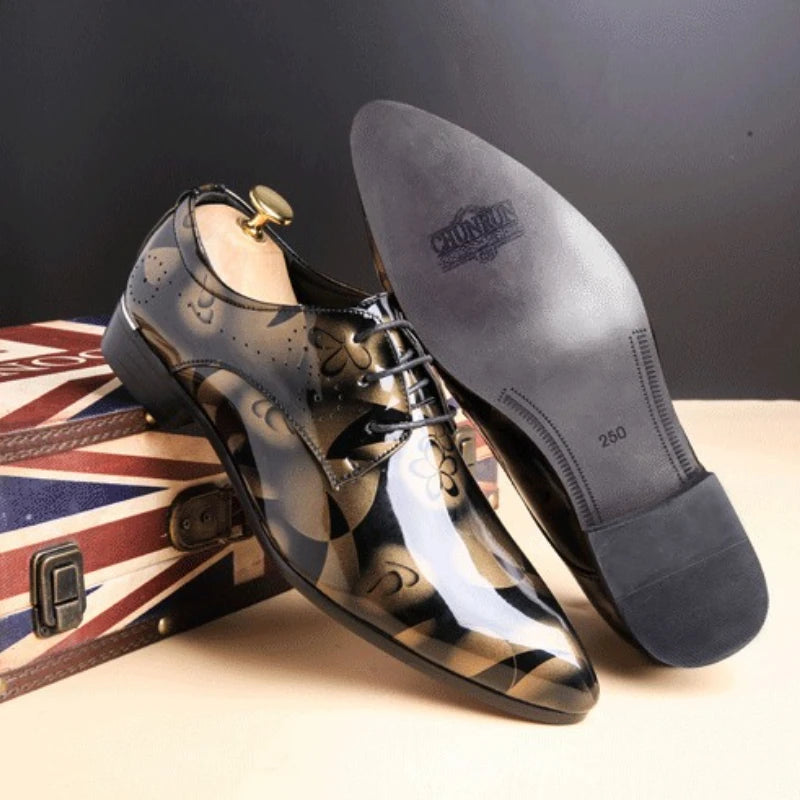Men's patent leather dress shoes by BackupMyFilesNow.com, lace-up business shoes with pointed toe, plus size, suitable for office and weddings.