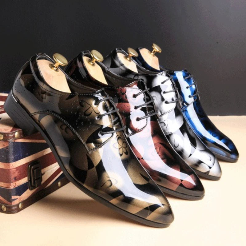 Men's patent leather dress shoes by BackupMyFilesNow.com, lace-up business shoes with pointed toe for office or wedding wear.