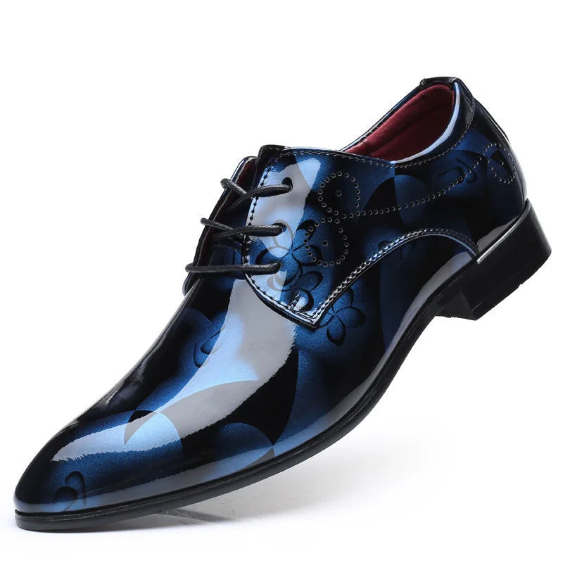 Blue men's patent leather dress shoes with lace-up design, pointed toe, suitable for office and wedding, plus size, fashionable style.