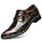 Blue men's patent leather dress shoes with lace-up design, pointed toe, suitable for office or wedding, in plus size.