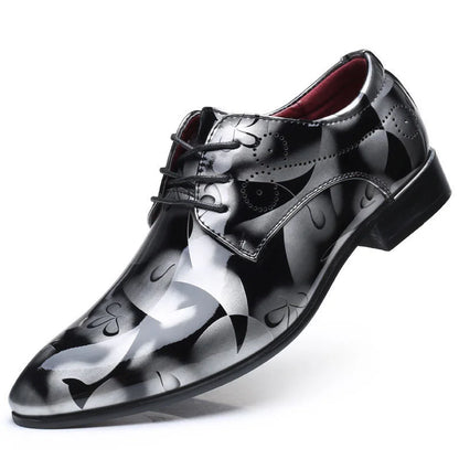 Men's patent leather dress shoes by BackupMyFilesNow.com featuring lace-up design, pointed toe, plus size, suitable for office or wedding.