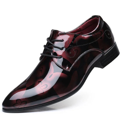 Blue men's patent leather dress shoes with pointed toes, lace-up design, suitable for office or wedding, in plus sizes.