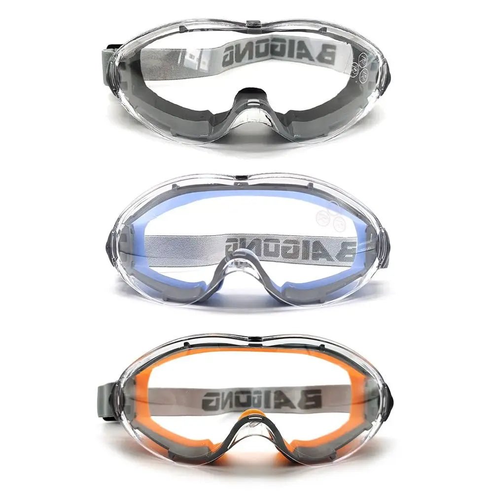 Industrial-grade safety goggles with clear anti-fog lenses, designed for men and women, fitting over glasses for eye protection.