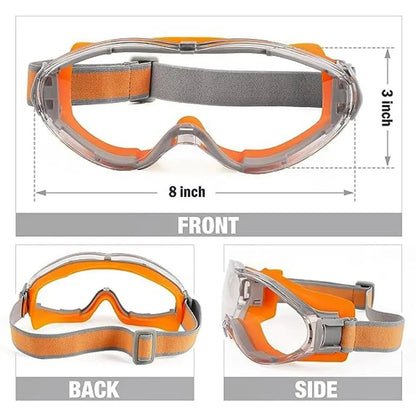 Industrial-grade safety goggles with clear anti-fog lenses, designed for men and women to fit over glasses for eye protection.