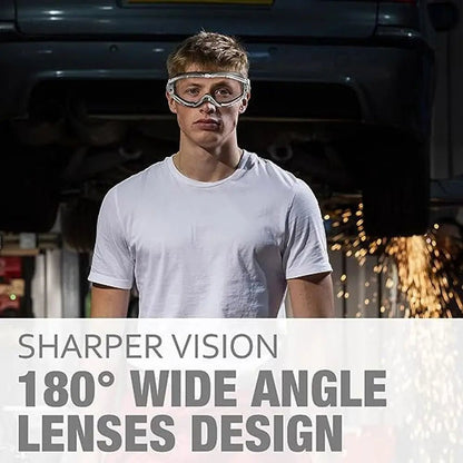 Industrial-grade safety goggles with clear anti-fog lenses, designed for men and women to fit over glasses and provide eye protection.