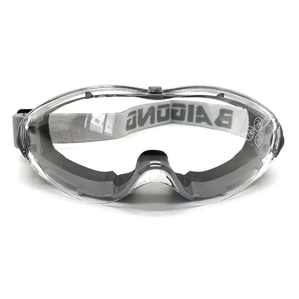 Industrial safety goggles with clear anti-fog lenses for men and women, designed to fit over glasses for lab and industrial eye protection.