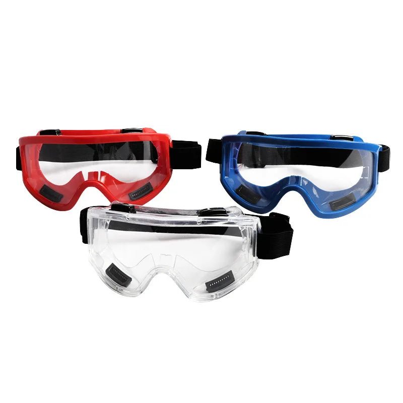 Blue anti-splash safety goggles by BACKUPMYFILESNOW.COM® with impact-resistant, windproof, and anti-dust protective lenses for work and safety.