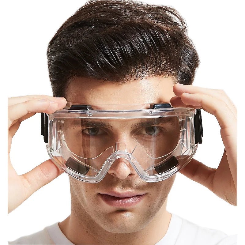 Blue impact-resistant safety goggles by BACKUPMYFILESNOW.COM® with wide view, windproof and anti-dust protection for work and DIY safety.