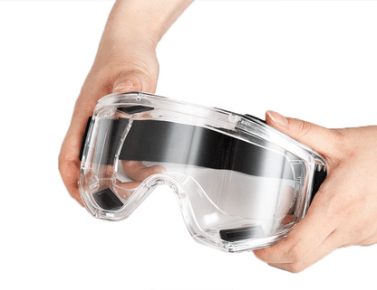 Blue impact-resistant safety goggles by BACKUPMYFILESNOW.COM® with wide view, windproof and anti-dust protection for work and daily safety.