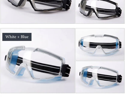Blue impact-resistant safety goggles by BACKUPMYFILESNOW.COM® with wide view, windproof, anti-dust protection for work and daily safety.