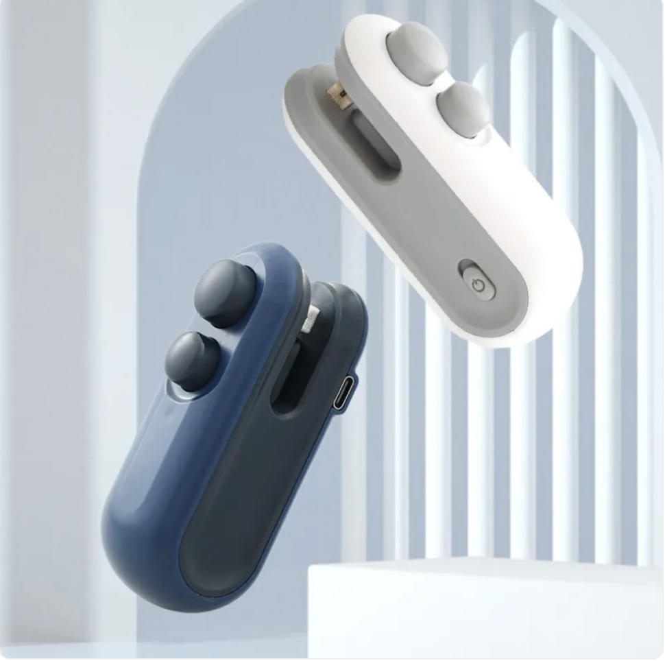 Blue portable USB rechargeable vacuum sealer from BACKUPMYFILESNOW.COM® for food preservation and storage.