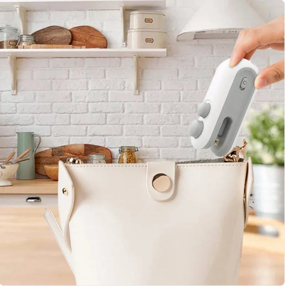 Blue portable USB rechargeable vacuum sealer from BACKUPMYFILESNOW.COM® for airtight food storage and preservation.
