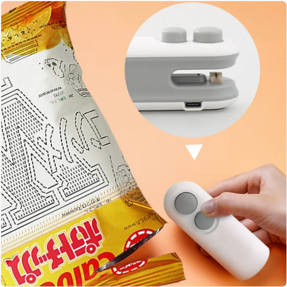 Blue portable USB rechargeable vacuum sealer from BACKUPMYFILESNOW.COM® for food preservation and sealing.