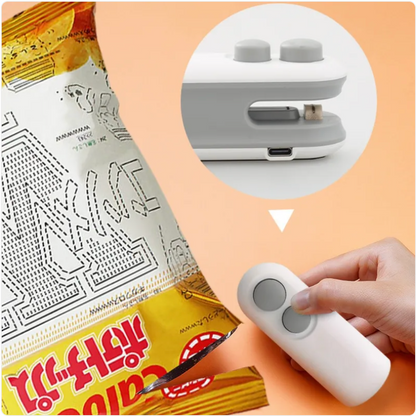 Blue portable USB rechargeable vacuum sealer from BACKUPMYFILESNOW.COM® for food preservation and sealing.