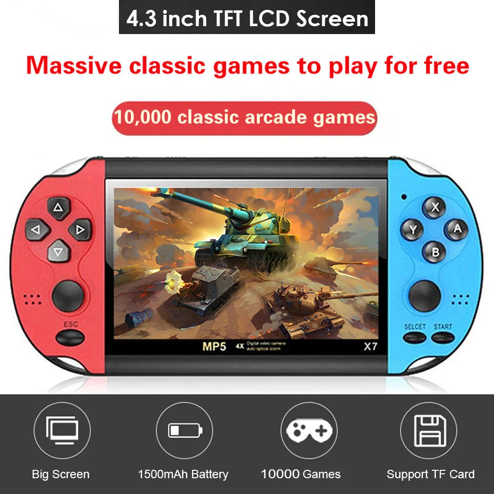 Blue and red portable retro gaming console with handheld design, compact mini arcade for family retrogaming fun.