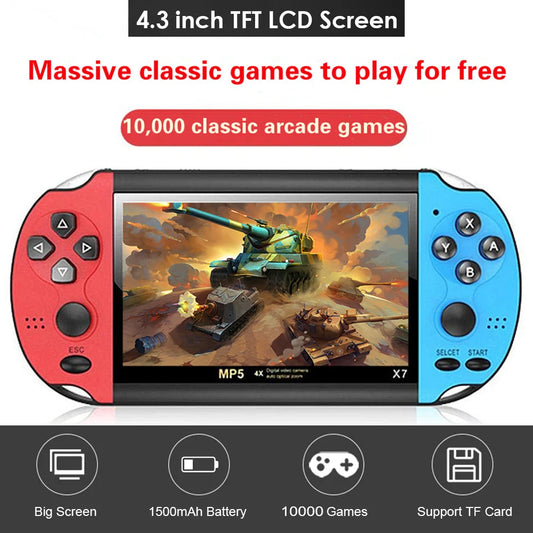 Blue and red portable retro gaming console with handheld design, compact mini arcade for family retrogaming fun.