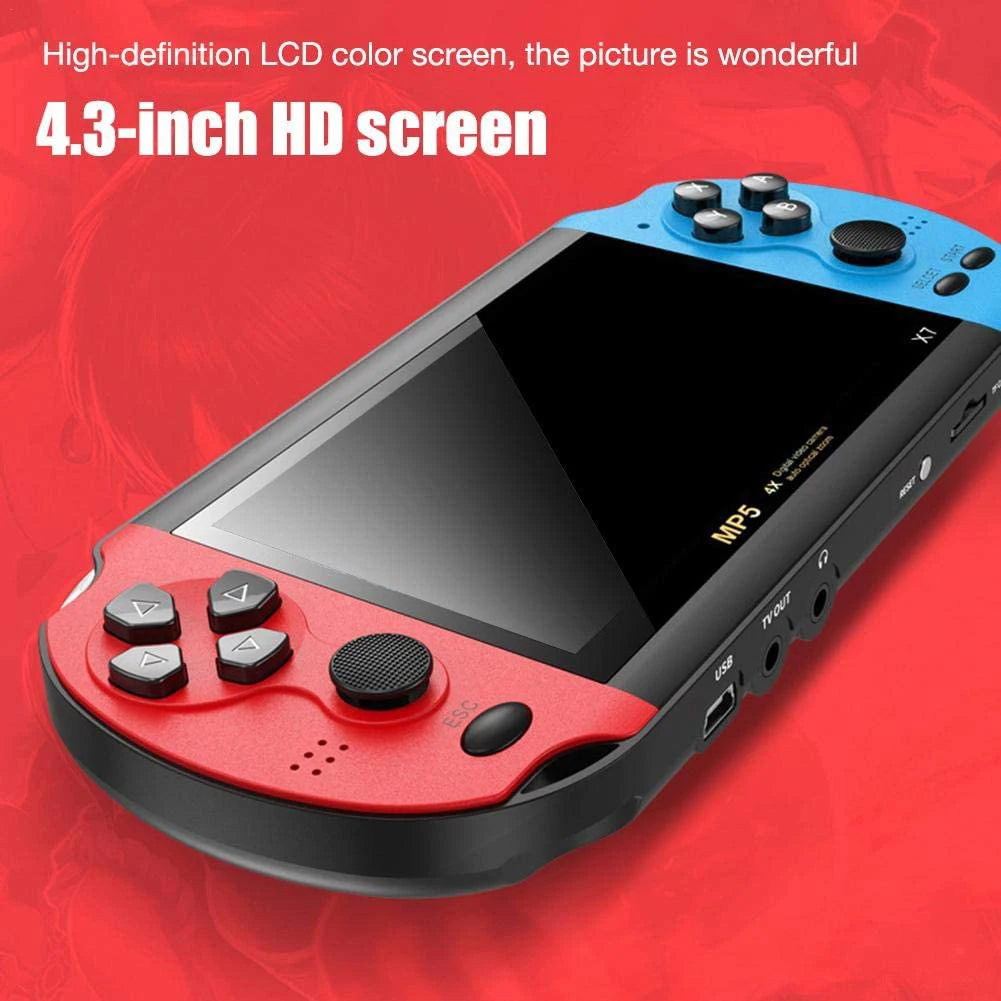 Blue and red portable handheld retro gaming console with mini arcade design, featuring colorful buttons and screen for family retrogaming.