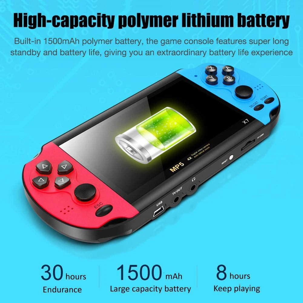 Blue and red portable handheld retro gaming console with screen and controls, designed for mini arcade-style video games.