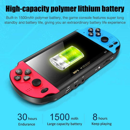 Blue and red portable handheld retro gaming console with screen and controls, designed for mini arcade-style video games.