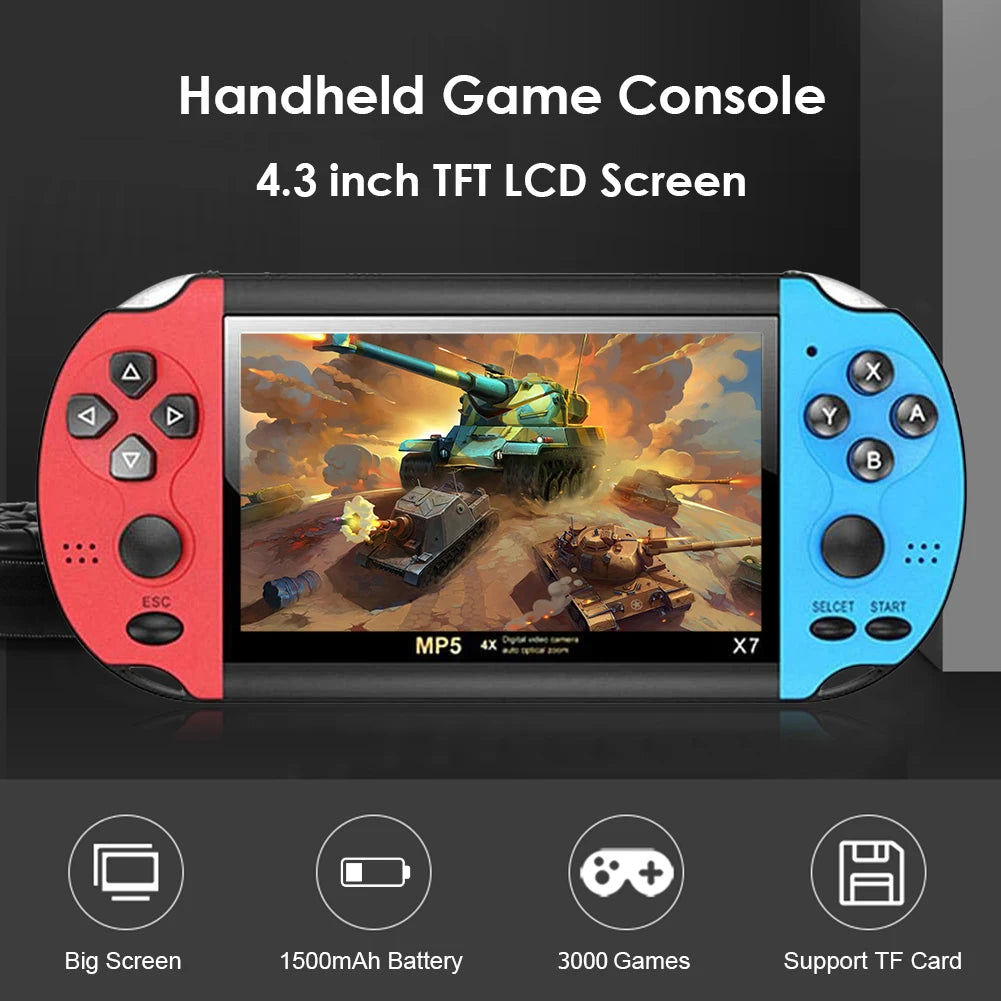 Blue and red handheld retro gaming console with a small screen and control buttons, designed for portable family retrogaming fun.