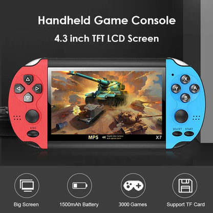 Blue and red handheld retro gaming console with a small screen and control buttons, designed for portable family retrogaming fun.