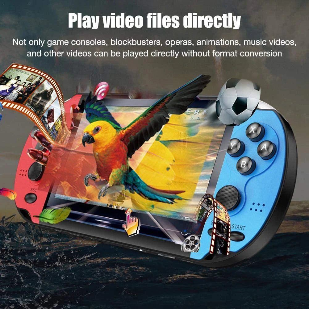 Portable handheld retro gaming console in blue and red with buttons, compact design for family pocket retrogaming fun.
