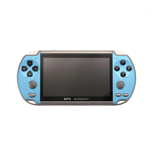 Blue and red handheld retro gaming console with screen, buttons, and direction pad, designed for portable mini arcade gaming.