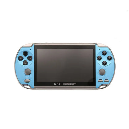 Blue and red handheld retro gaming console with screen, buttons, and direction pad, designed for portable mini arcade gaming.