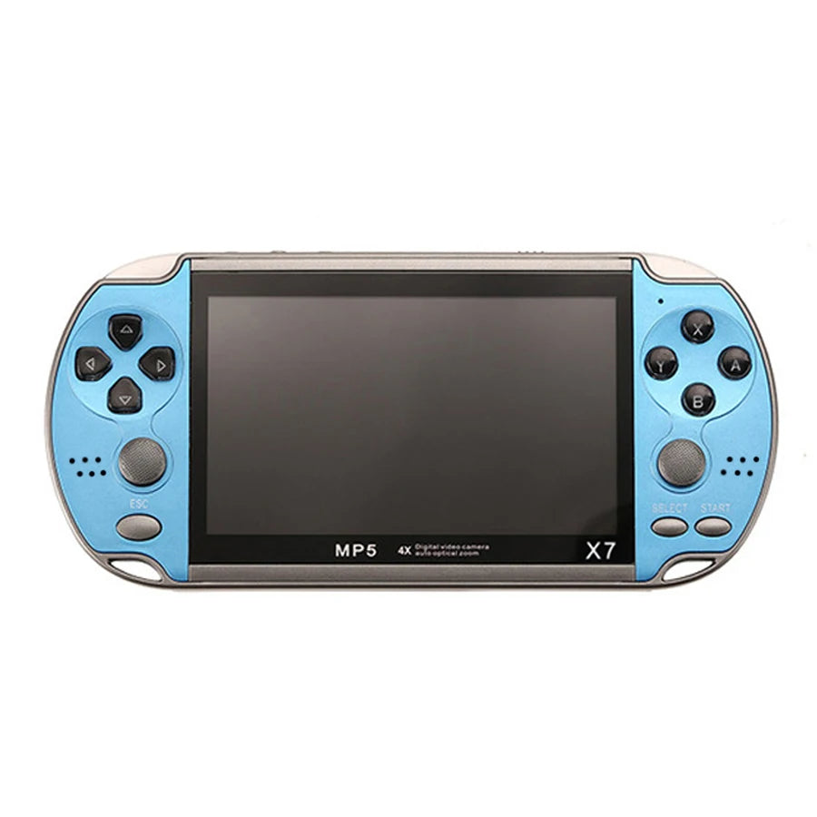 Blue and red portable handheld gaming console with retro arcade design, featuring a screen and control buttons for pocket retrogaming.