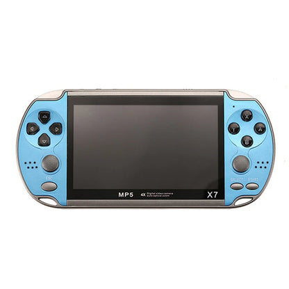 Blue and red portable handheld gaming console with retro arcade design, featuring a screen and control buttons for pocket retrogaming.