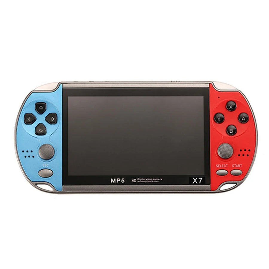 Blue and red portable handheld retro gaming console with colorful buttons, compact design for family pocket retrogaming fun.