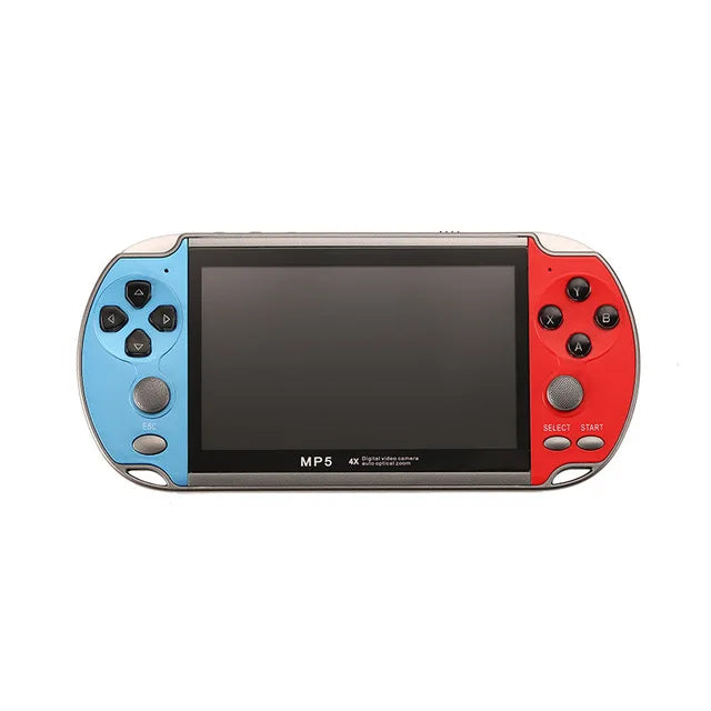 Blue and red portable handheld gaming console with retro arcade design, featuring a small screen and control buttons for family retrogaming.
