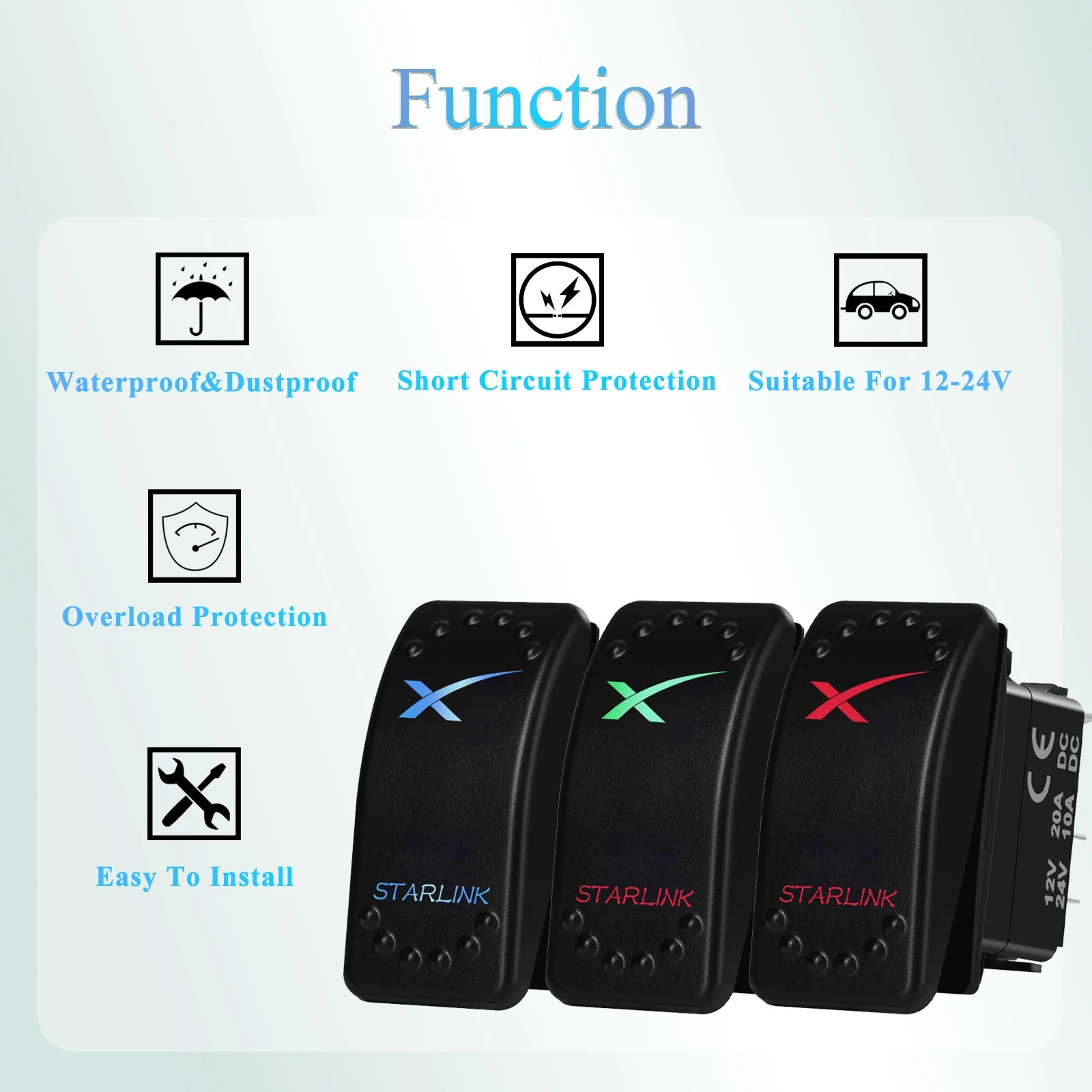 Blue and red LED 12V Starlink rocker switch, waterproof marine toggle switch for Starlink dish antenna and router control in SUV