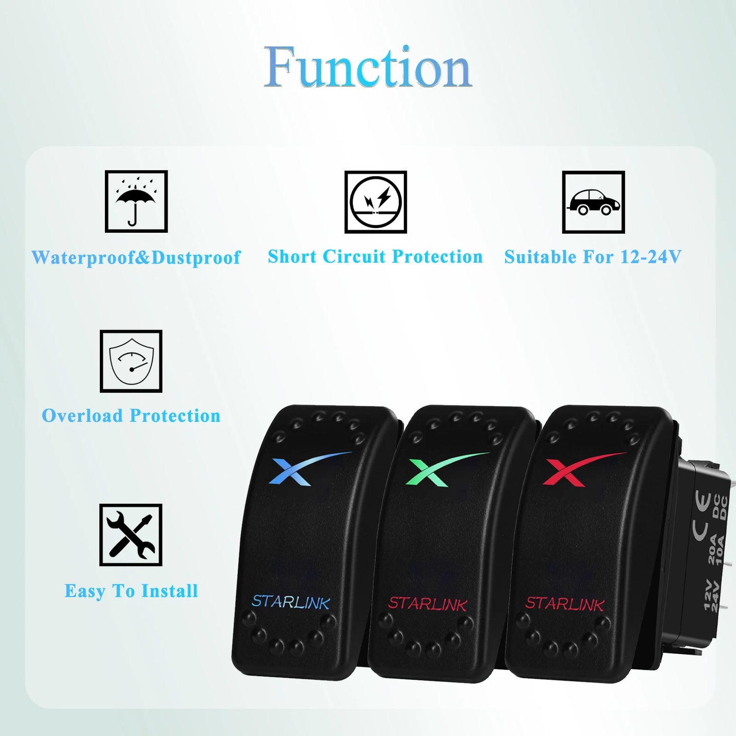 Blue and red LED 12V Starlink rocker switch, waterproof marine toggle switch for Starlink dish antenna and router control in SUV.