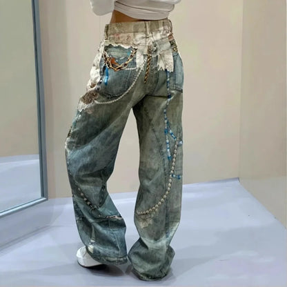 Blue 3D printed lace pearl chain straight long denim trousers for women, stylish street jeans with intricate design.