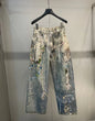 Blue 3D printed lace pearl chain straight long denim pants for women, stylish street jeans with intricate design details.