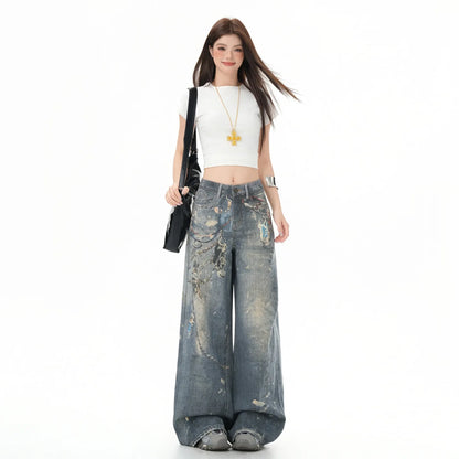Men's dark denim loose straight jeans from High Street, vintage style with digital printing, shown in a real shot on spring season.