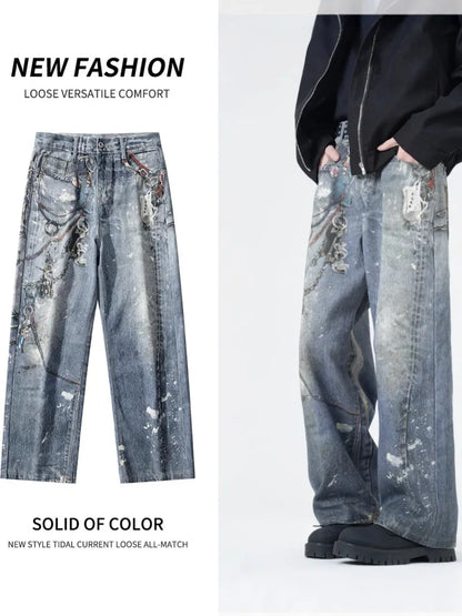 Men's dark denim loose straight jeans with vintage digital printing by High Street, featuring a relaxed fit and spring-ready style.