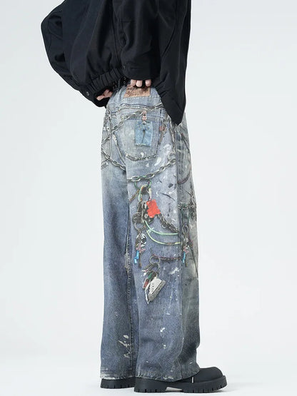 Men's dark denim loose straight jeans with vintage digital printing, shown in a real shot on spring season, by High Street.
