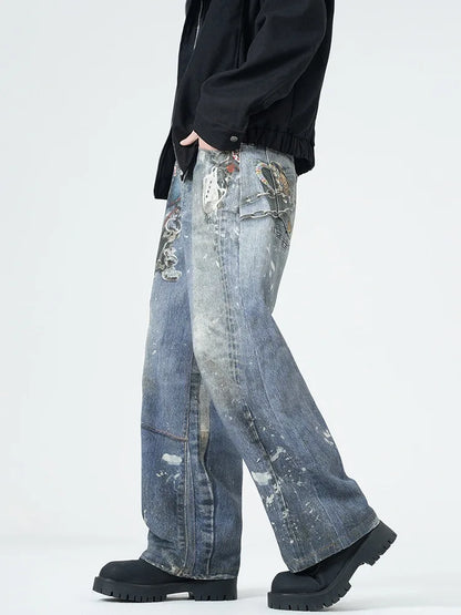 Men's dark denim loose straight jeans with vintage digital printing, styled for spring, by High Street.