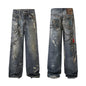 Men's vintage dark denim loose straight jeans with digital printing, shown on model in a real shot, perfect for spring casual wear.