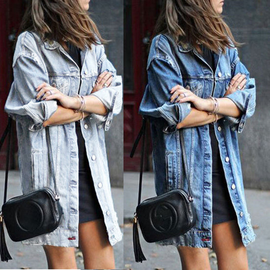 Women’s long denim jacket by BACKUPMYFILESNOW.COM® featuring classic blue denim, front pockets, and stylish streetwear design.