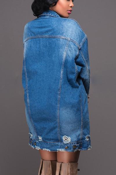 Women's long denim jacket by BACKUPMYFILESNOW.COM® with classic blue denim, front pockets, and stylish streetwear fit.